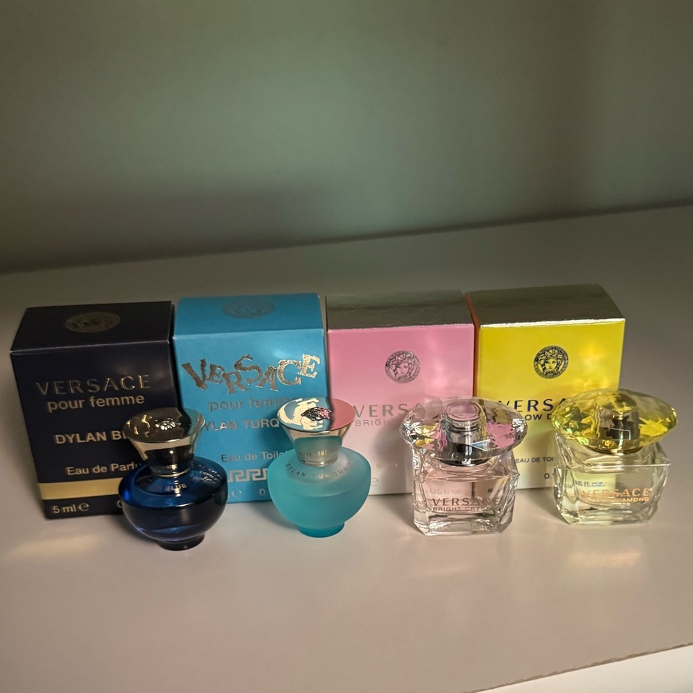 Versace Fragrance Trio in Blue, Pink, and Yellow